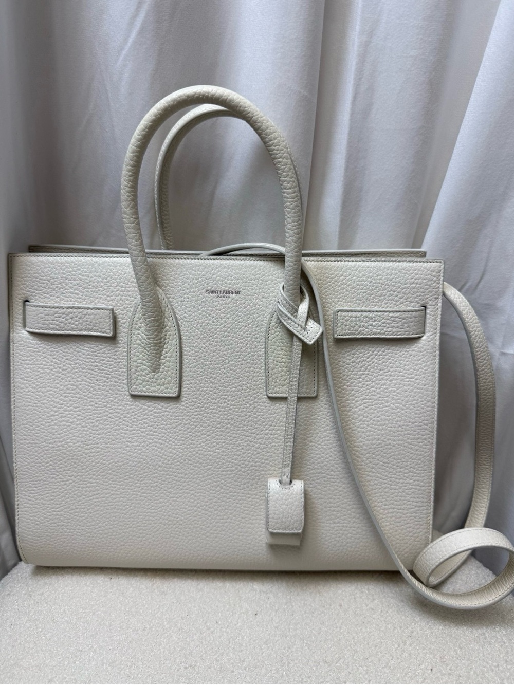 SAINT LAURENT White Grained Calfskin Small Sac De Jour w/ Strap